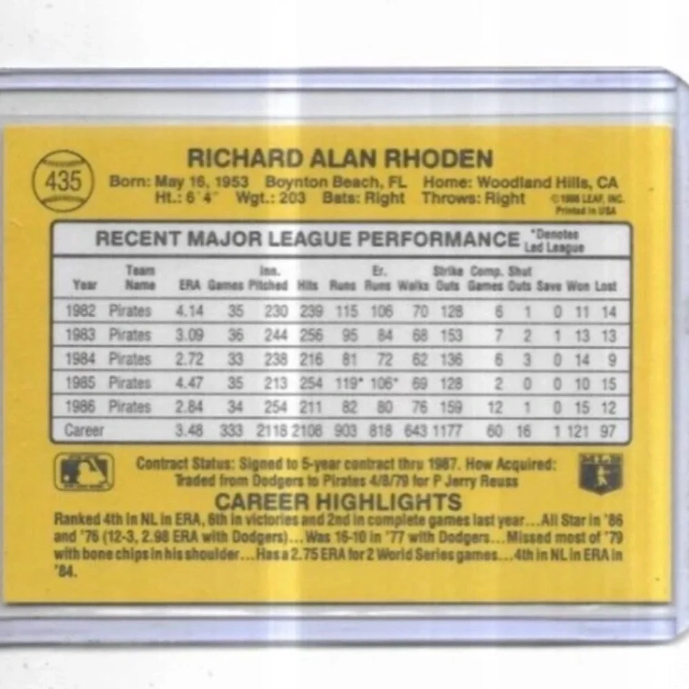 1987 Donruss - Rick Rhoden #435 Pittsburgh Pirates LEAF Near Mint Condition